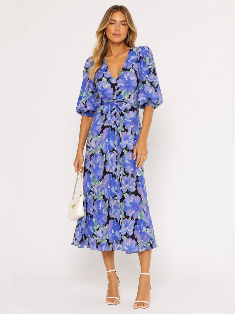 Mango Blue Floral V-Neck Tie-Waist Midi Dress